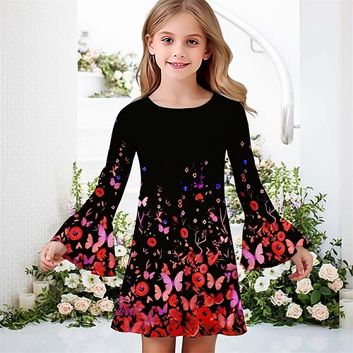 Mädchen' 3D Schmetterling Kleid Rüschenkleid Langarm Sommer Frühling Urlaub Täglich Ferien Schön Süß Kinder 4-12 Jahre Freizeitkleid Knielang Normale Passform Image