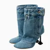 Denim Spleißen Design frauen Stiefeletten Neue Stil Seltsame Heels Karree Weibliche Kurze Stiefel High Heels Outdoor Damen Schuhe