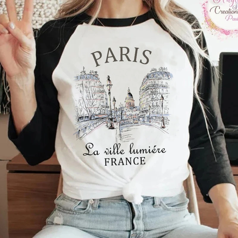 Mode-Trend Paris Brief Drucken Hemd Lustige Gothic T Shirt frauen Casual Print Langarm T-Shirt Rundhals Top T-shirt