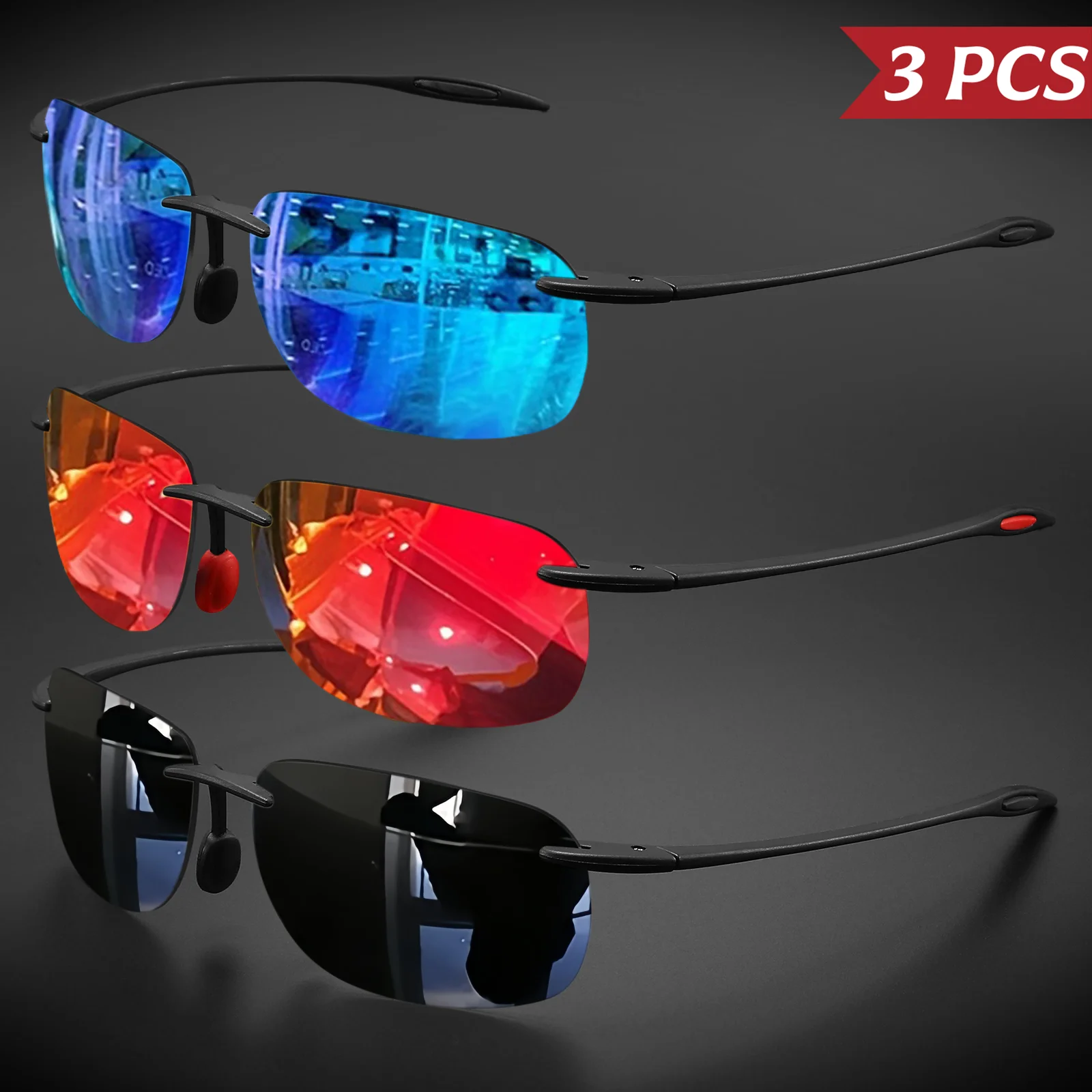 3 Stück ultraleichte 11 g TR90 rahmenlose polarisierte Sonnenbrille – flexibel und bequeme Passform, quadratische Form zum Fahren, Angeln, im Freien Image