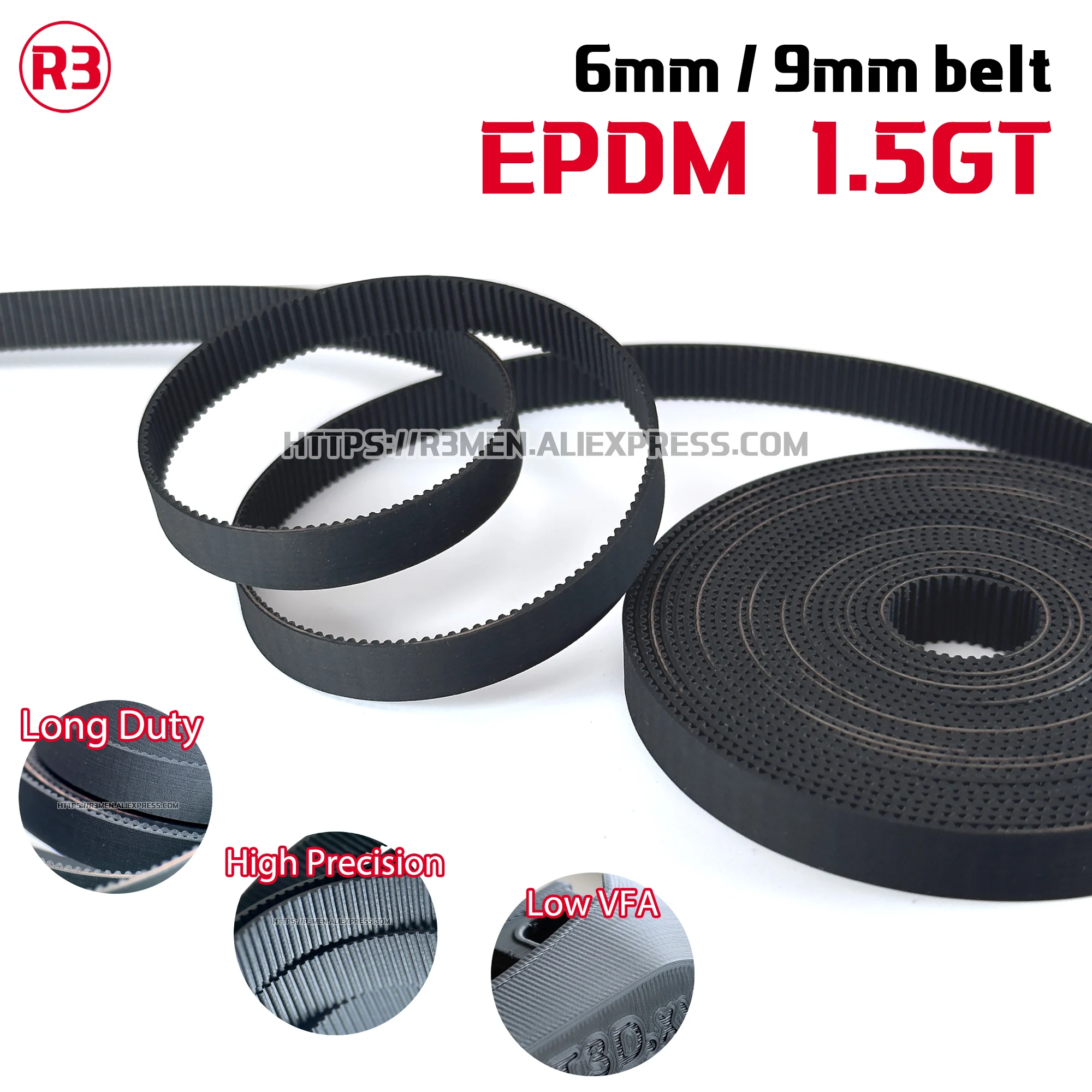 R3men | EPDM 1,5 GT 6 mm/9 mm offene Zahnriemen für 3D-Drucker – kein VFA | Gummi und EPDM Image