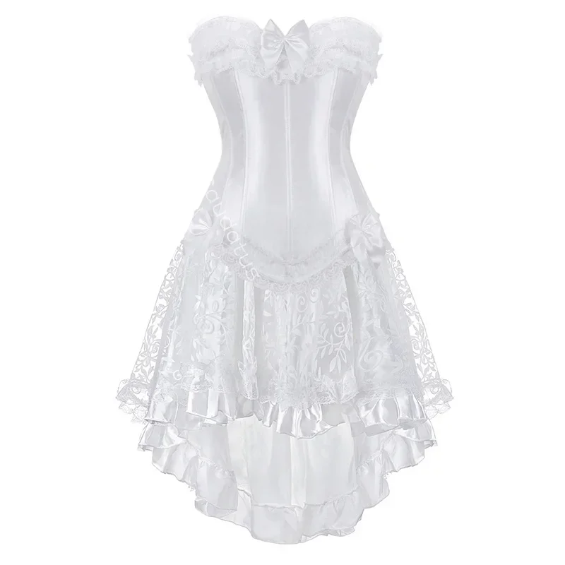 Korsett Kleid Hochzeit Braut Weiß Tutu Skrits Spitze Set Plus Größe Kostüm Party Sexy Burlesque Basken Outfit Vintage Elegant