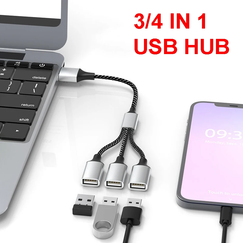 USB-Splitter-Adapterkabel, 1 in 3 Out, 4 Ports, OTG-Konverter, Typ C, Verlängerung, Stromdaten für Laptop, Tastatur, Game-Controller, Maus Image