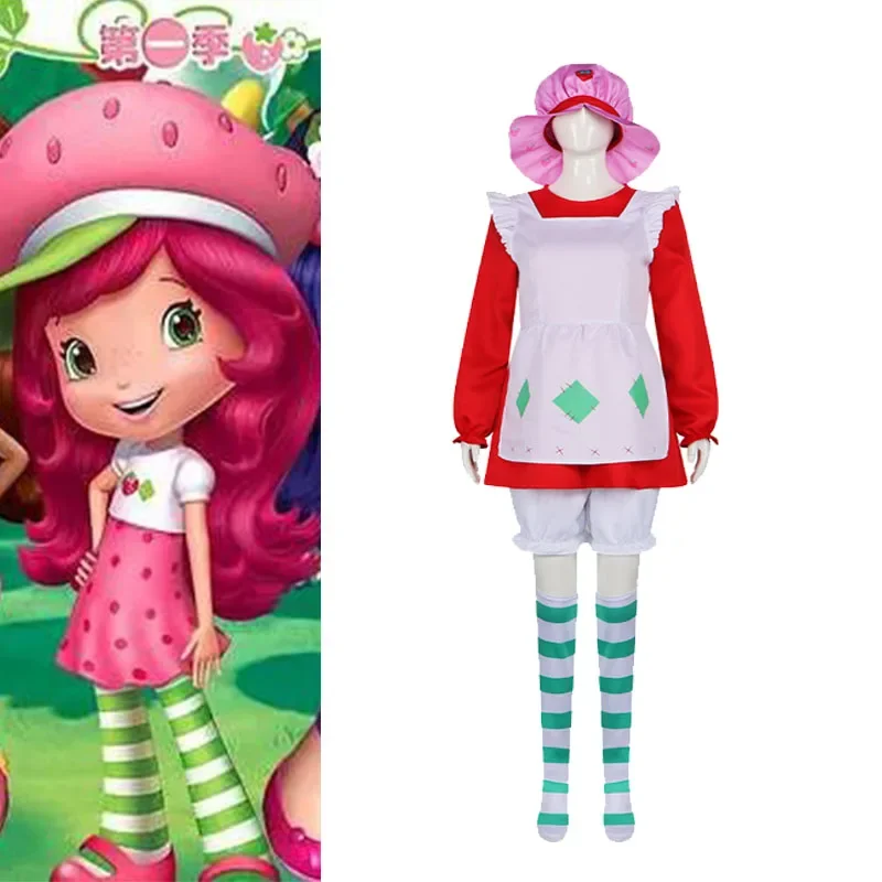Erdbeer-Shortcake-Cosplay-Kostüm 1980, klassischer Anzug für Damen, The World of Strawberry Shortcake, Halloween, ausgefallenes rotes Kleid Image