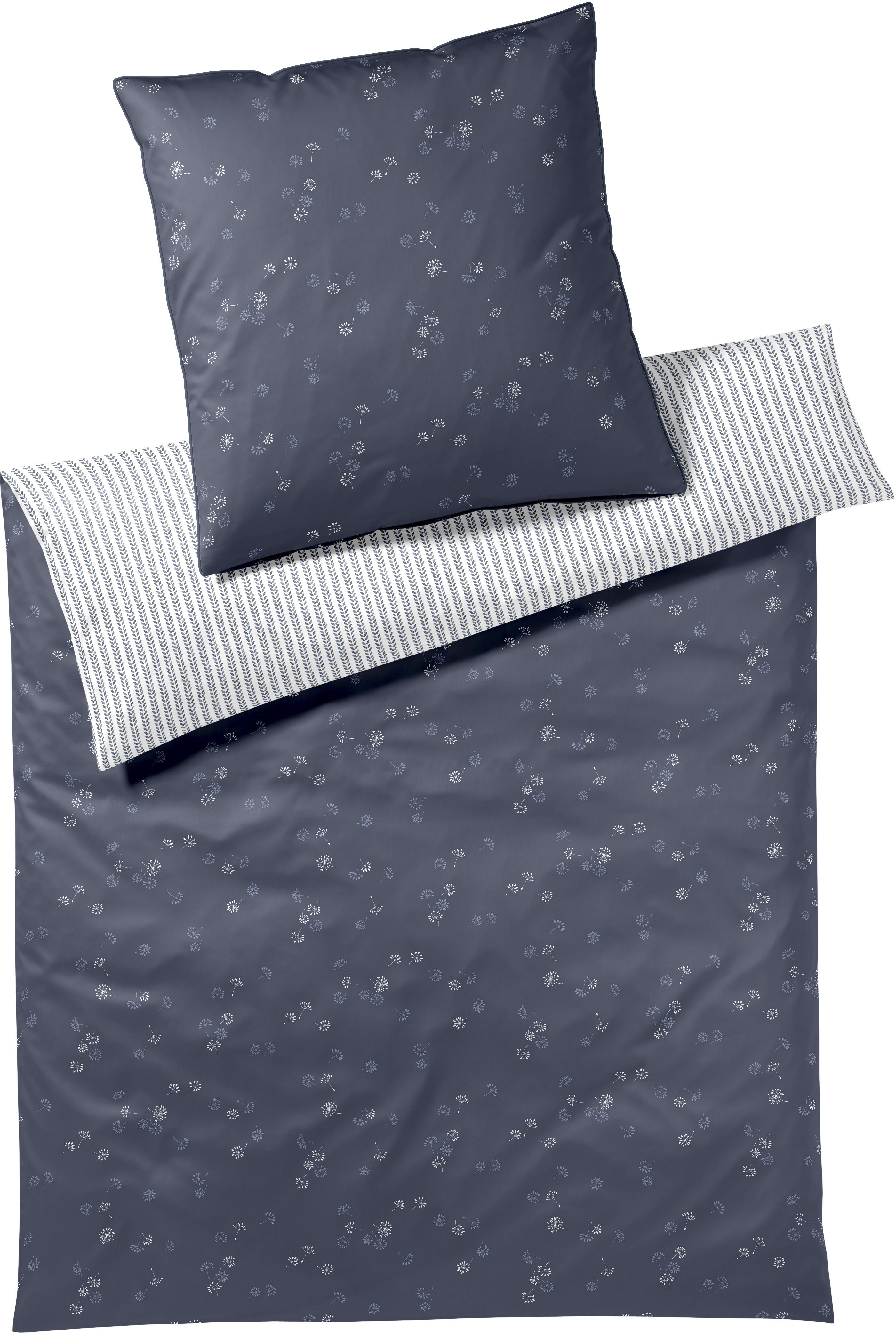 Bettwäsche ELEGANTE "Fleurs", blau (indigo), B/L: 135cm x 200cm, 1 Stk., 1 Stk., Mako-Satin, B/L: 80cm x 80cm, 2 Stk., Mako-Satin, Obermaterial: 100% Baumwolle, Bettwäsche, angenehmes Hautgefühl Image