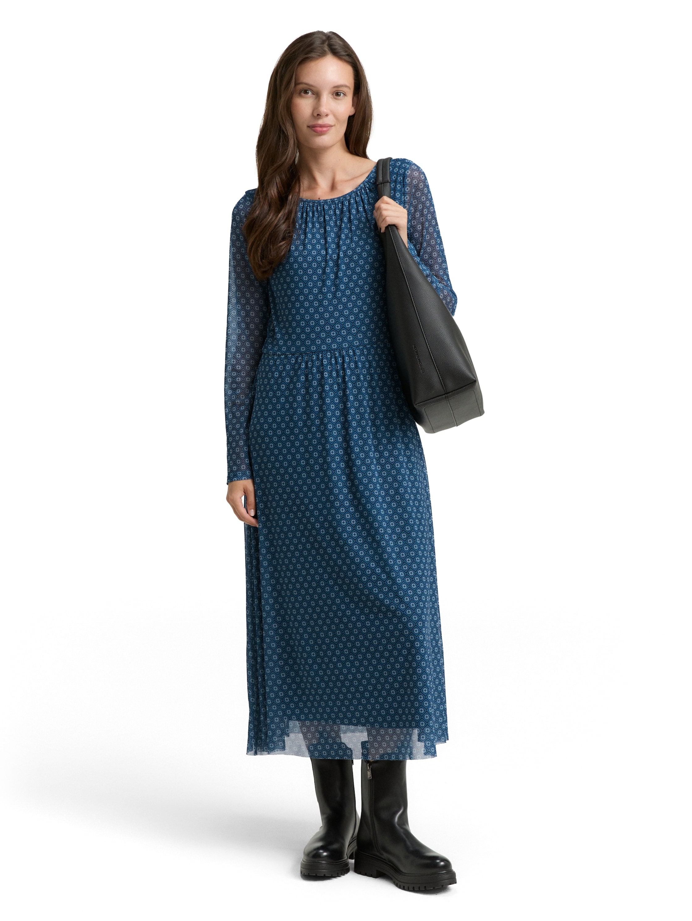 Meshkleid TOM TAILOR, Damen, Gr. 44, N-Gr, teal geometric minimal design, Web, Obermaterial: 90% Polyester, 10% Elasthan. Futter: 100% Polyester, bedruckt, Casual, regular fit wadenlang, Rundhals, gerader Abschluss, Kleider, mit Muster