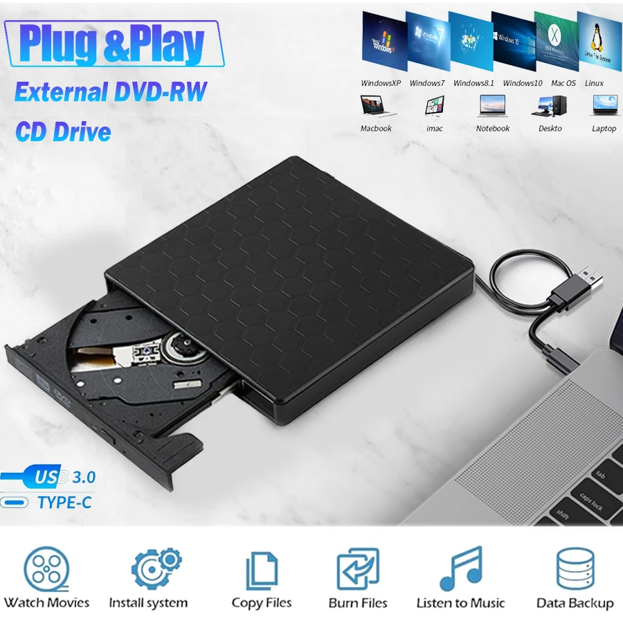 Lecteur CD DVD RW externe USB 3.0 Type C lecteur CD mince graveur lecteur graveur lecteur optique Portable pour ordinateur Portable graveur DVD 2in1