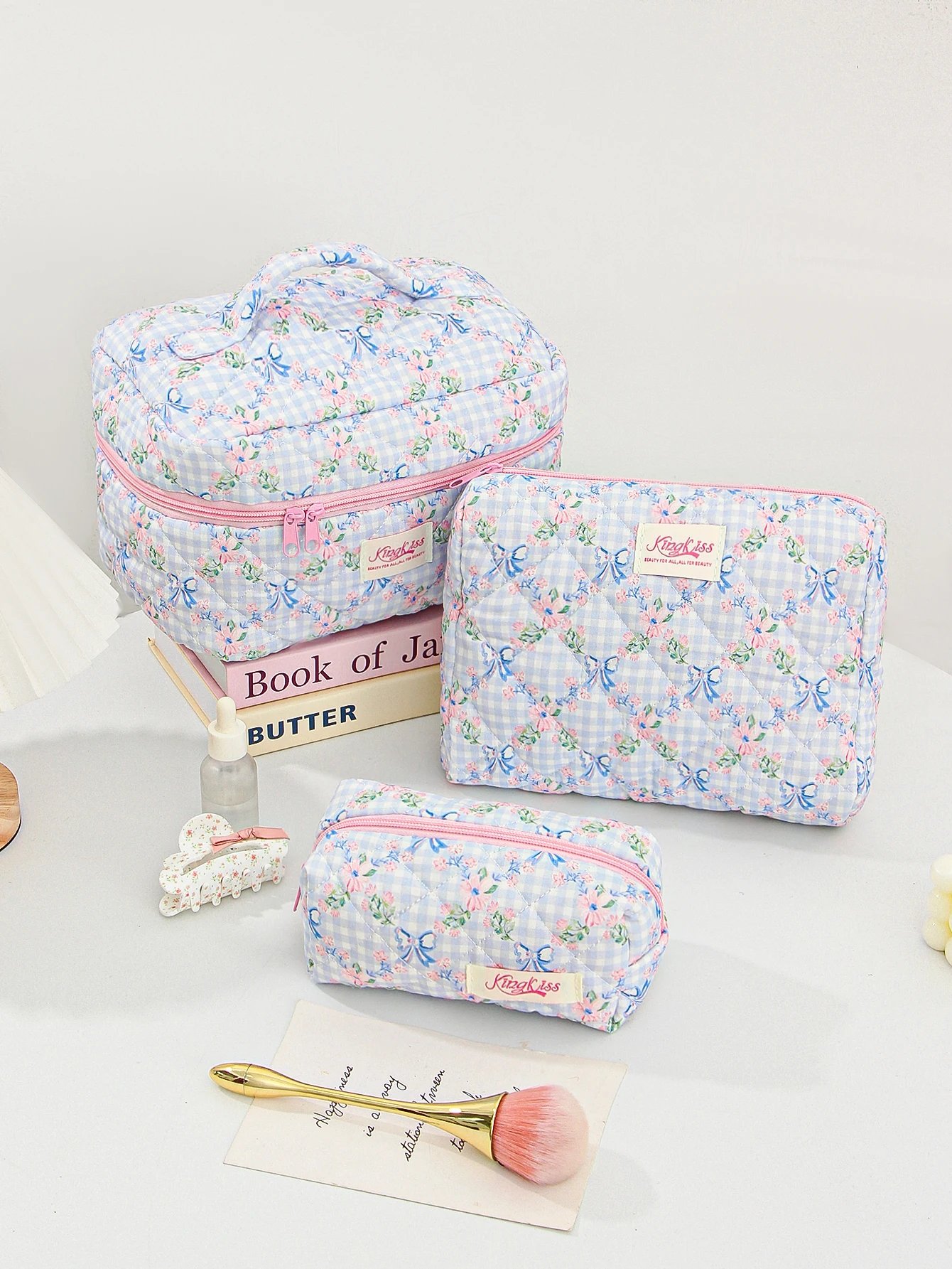 1pc/set blue checkered flower bow quilted makeup bag, bow makeup bag, zipper makeup bag, portable travel storage makeup bag