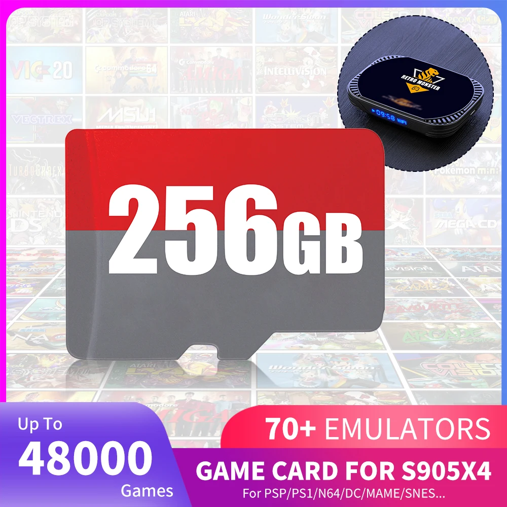 Carte TF de jeu de 256 go, pour Amlogic S905X4 TV Box/Console de jeu vidéo, 48000 jeux rétro intégrés, plus de 70 émulateurs pour PSP/PS1/N64/DC/MD