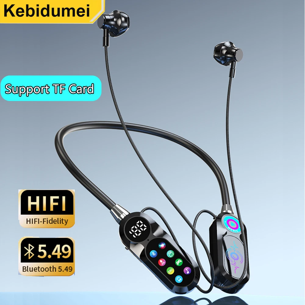 Auricolari wireless con archetto da collo Schermo HD Cuffie Bluetooth 5.5 Auricolari sportivi stereo HiFi impermeabili Supporto TF Card