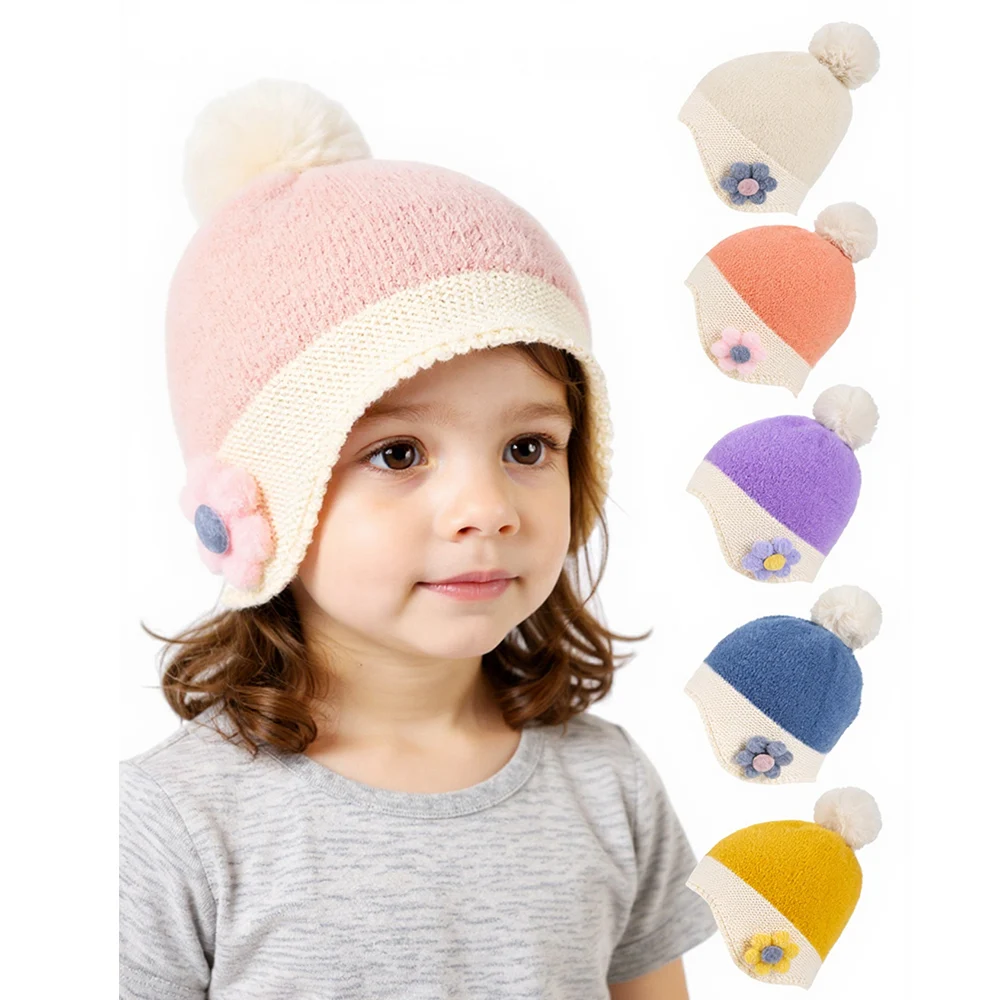 Neue Herbst Winter Blume Gestrickte Baby Hut für Mädchen Kleinkind Pompom Hut mit Ohrenschützer Im Freien Warme Ohr Schutz Hut für Kinder Image