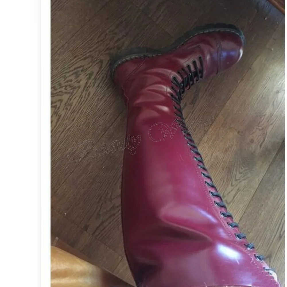 Tief Lila Oberschenkel hohe Große Stiefel Vorne Lace up Runde Kappe Schuhe für Frauen High Heels Sexy Party Schuhe 2024 zapatos Para Mujere