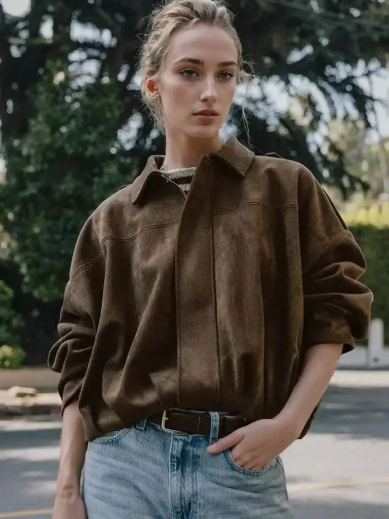 2026 herbst Wildleder Jacke Mantel Frauen Schulter Riemen Casual Lose Crop Mäntel Weibliche Vintage Braun Windjacke Outwears Kleidung