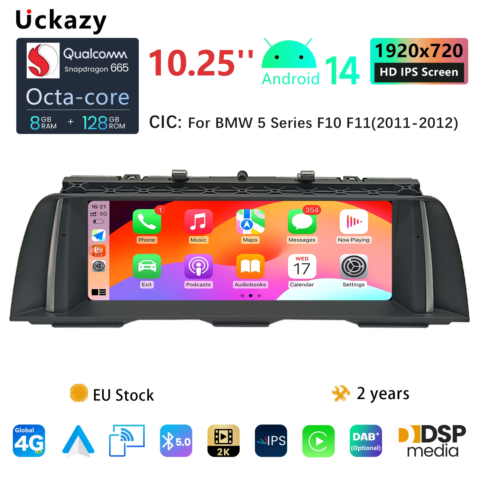 Uckazy 8-Kern Wireless Carplay AutoRadio Android 14, für BMW 5er F10 F11 2010–2016 CIC NBT Auto-Multimedia-Bildschirm-Player GPS-Navigation Stereo Carplay Audio Image
