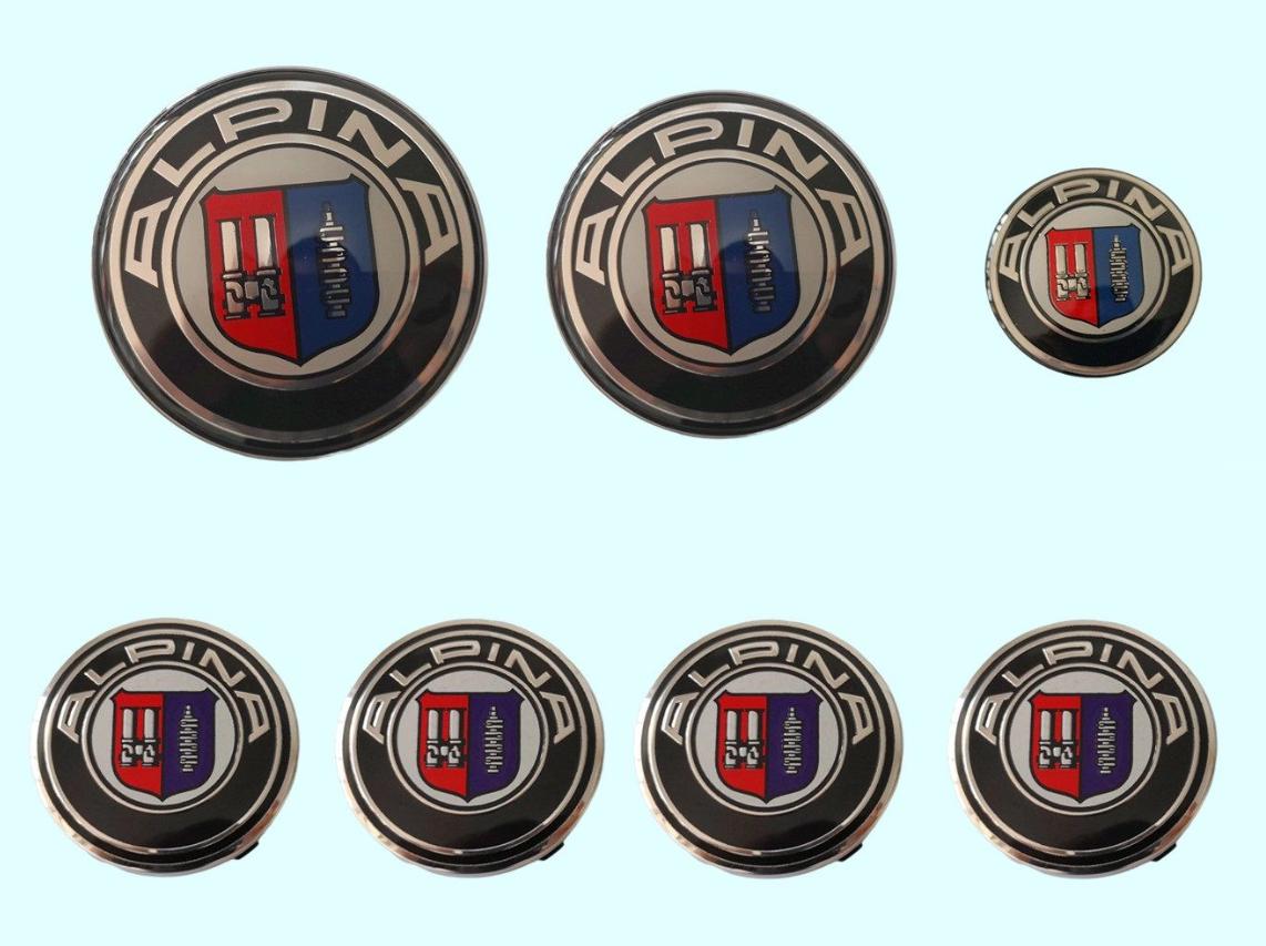 Emblemi BMW Alpina 82 mm anteriori, 74 mm posteriori, 45 mm per volante e 4 coprimozzi da 56 mm, set di 7 stemmi per volante e ruote, cofano e bagagli