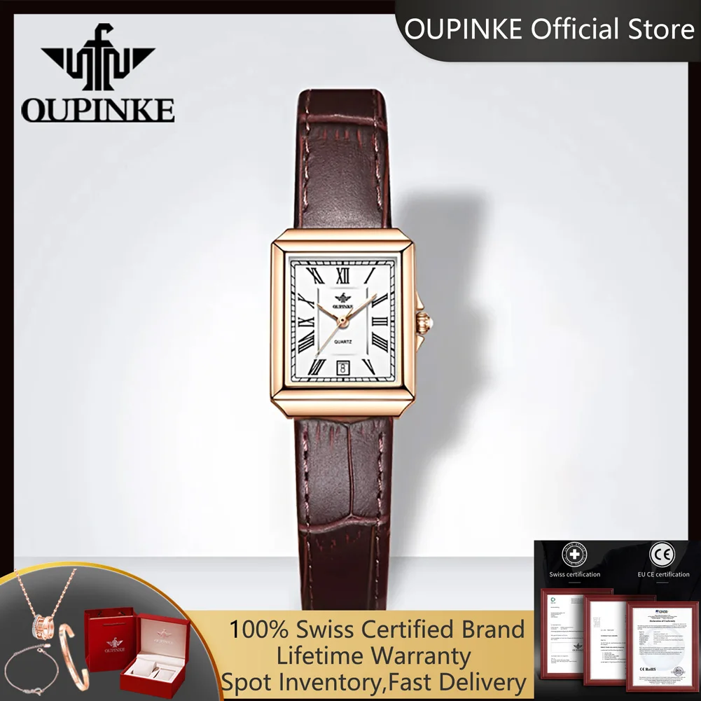 OUPINKE 3182 Schweizer Quarzwerk Damenuhr Echtes Lederarmband Retro Elegante Quadratische Damenuhr Luxusuhr für Damen Image