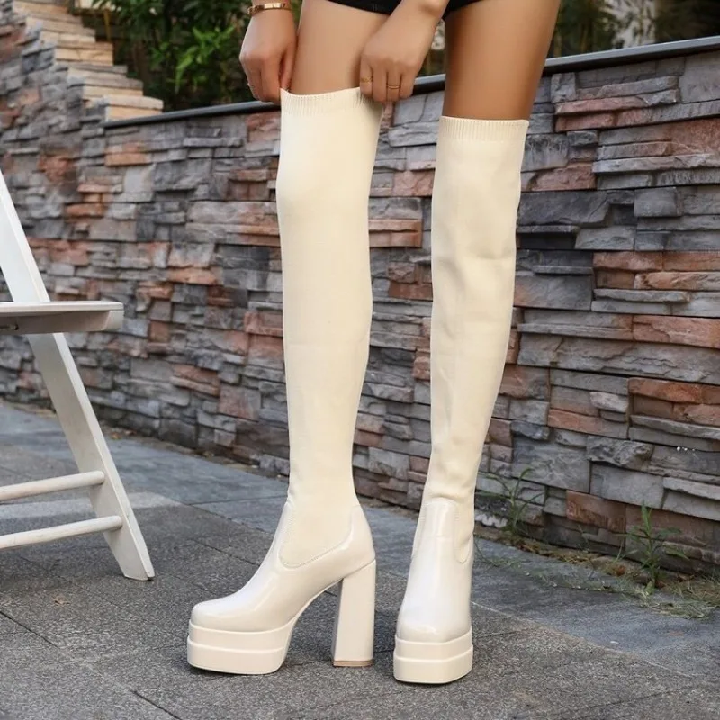 Frauen Plattform Stretch Stricken Socke Hohe Stiefel Herbst Winter Beige Chunky High Heels Overknee Stiefel Party Sexy frauen Schuhe