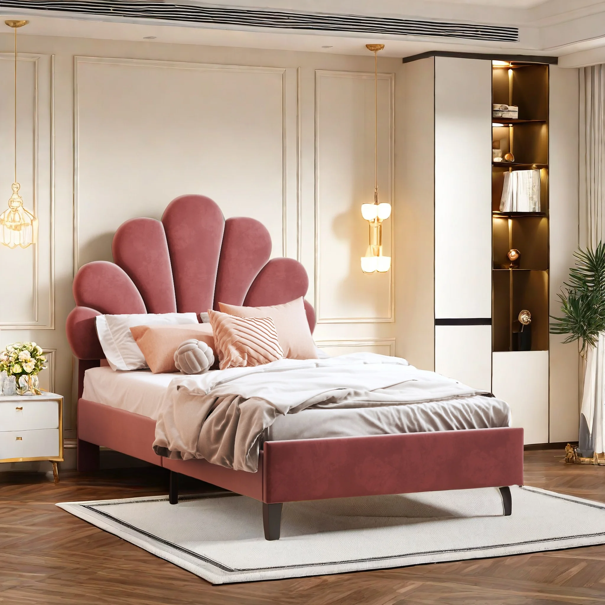 Rosahqnda Polsterbett mit blumenförmigem Kopfteil und Lattenrost - 90x200 cm, Einzelbett im Stoff Velet für Kinder,ohne Matratze