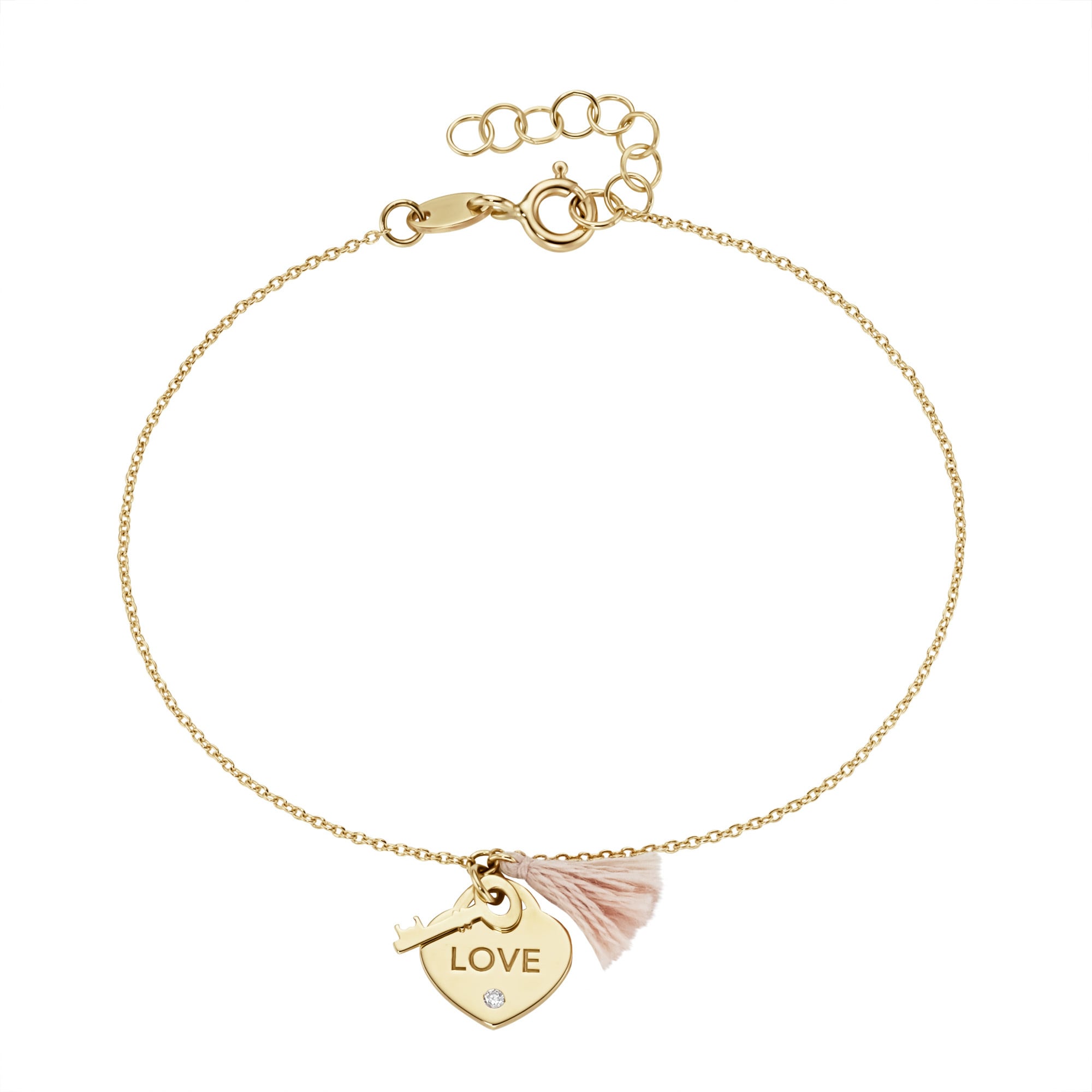 Armband LUIGI MERANO "mit Herz, Schlüssel & Quaste, Gold 375", gold, Armbänder, Damen, 18cm, Gelbgold 375 Image