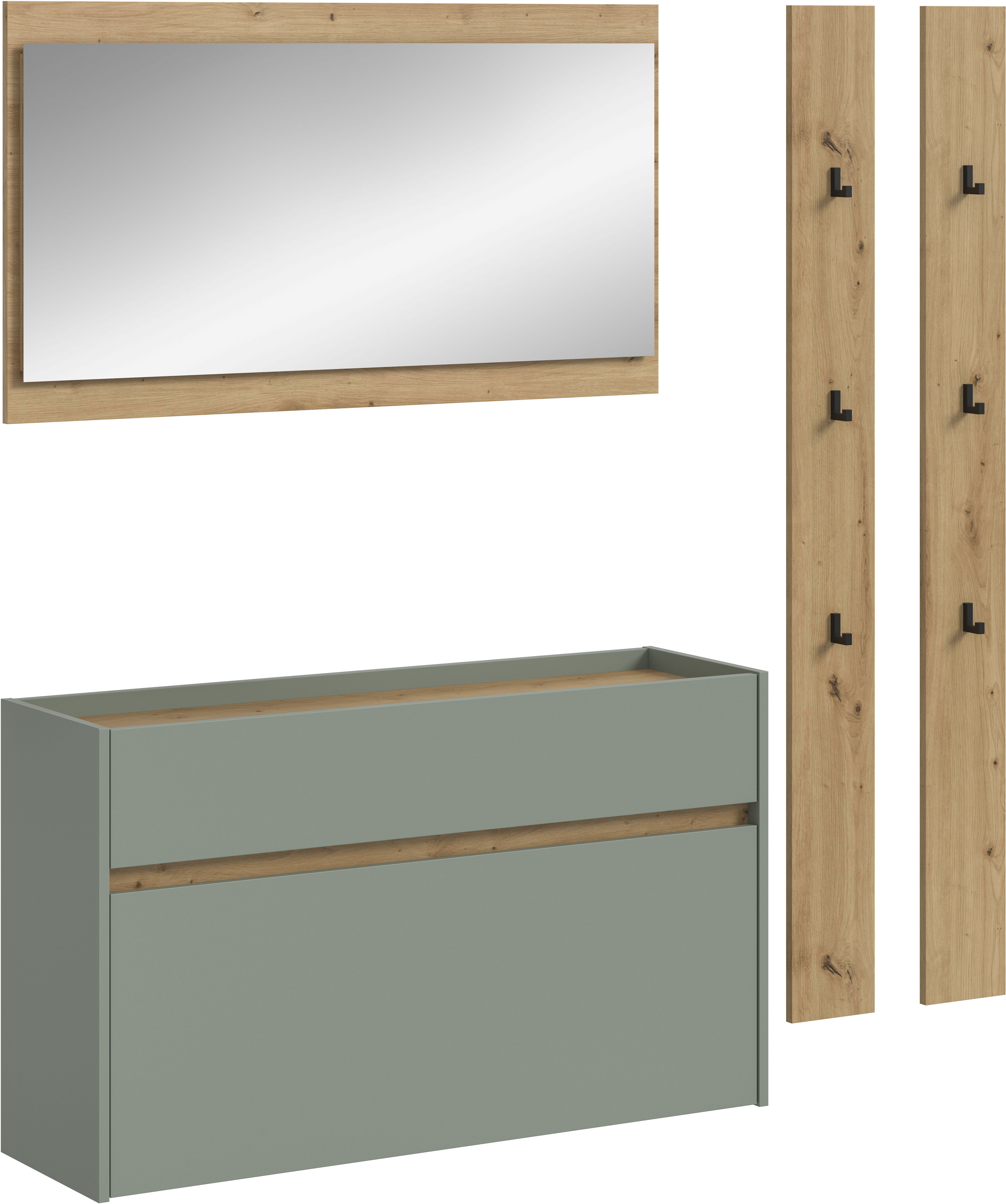 Garderoben-Set HOME AFFAIRE "EVRID, 4-teilig, Breite 172 cm, individuell hängbar & erweiterbar", salbei nb, artisan oak nb, B:172cm H:197cm T:32cm, Spanplatte, Kastenmöbel-Sets, Garderobenkombination, Garderobe, Wandgarderobe, Flur, Diele