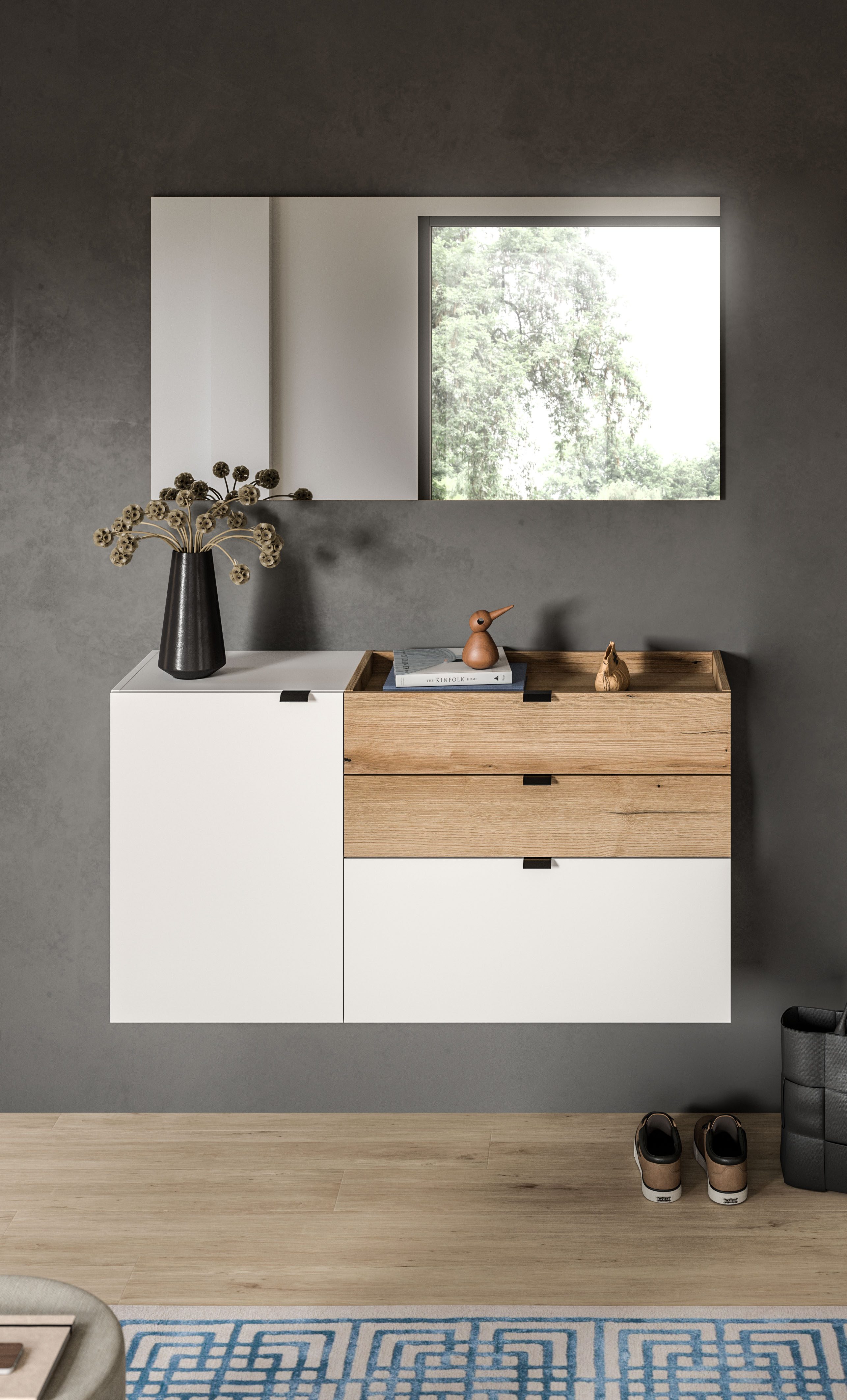 Garderoben-Set INOSIGN "Oran", weiß, B:120cm H:194cm T:37cm, Spanplatte, Kastenmöbel-Sets, Oran, Evoke Oak, weiß, Garderobenset, Spiegel, Schrank, Flurmöbel