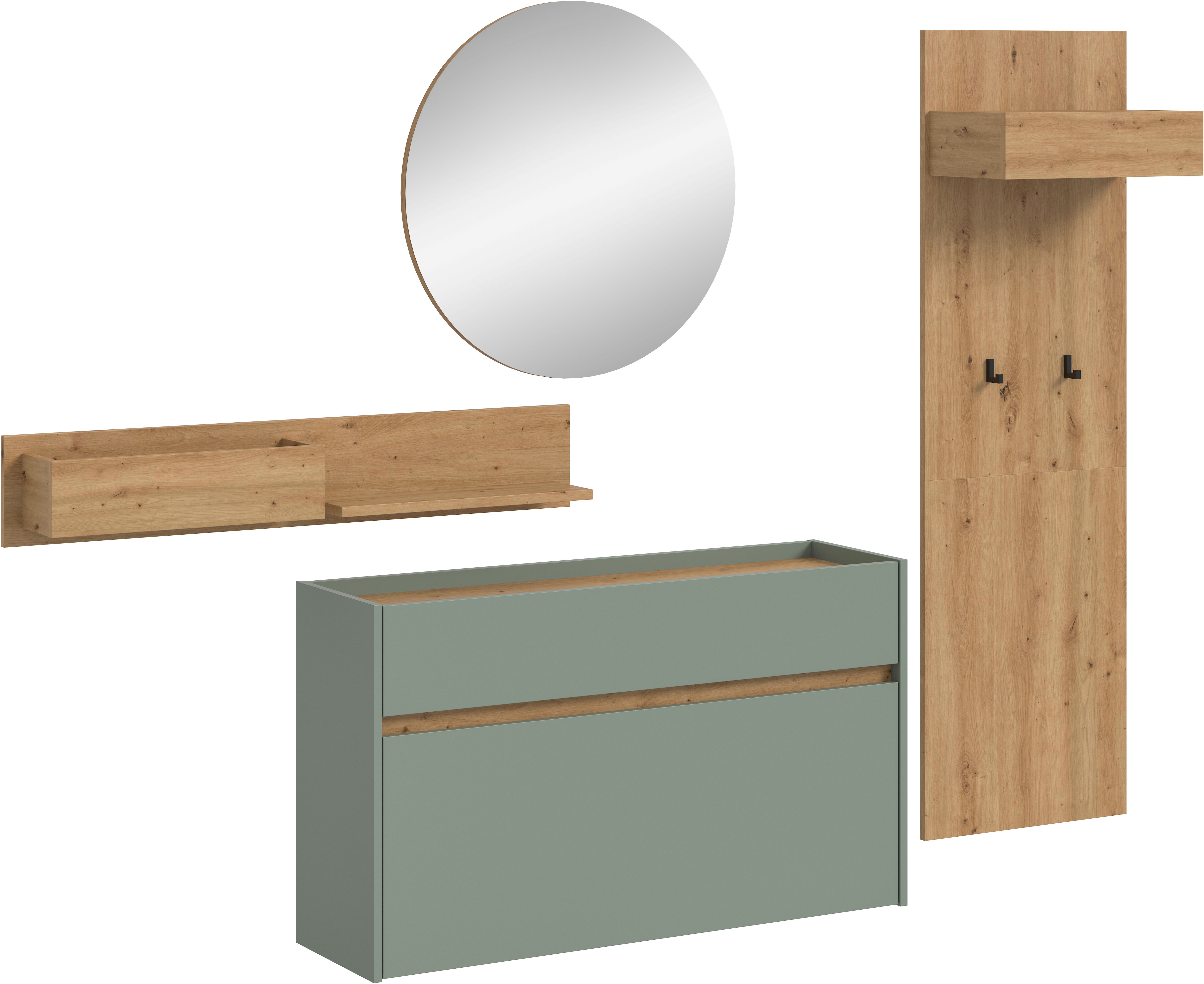 Garderoben-Set INOSIGN "EVRID, 4-teilig, Breite 205 cm, individuell hängbar & erweiterbar", salbei nb, artisan oak nb, B:205cm H:197cm T:32cm, Spanplatte, Kastenmöbel-Sets, Garderobenkombination, Garderobe, Wandgarderobe, Flur, Diele Image