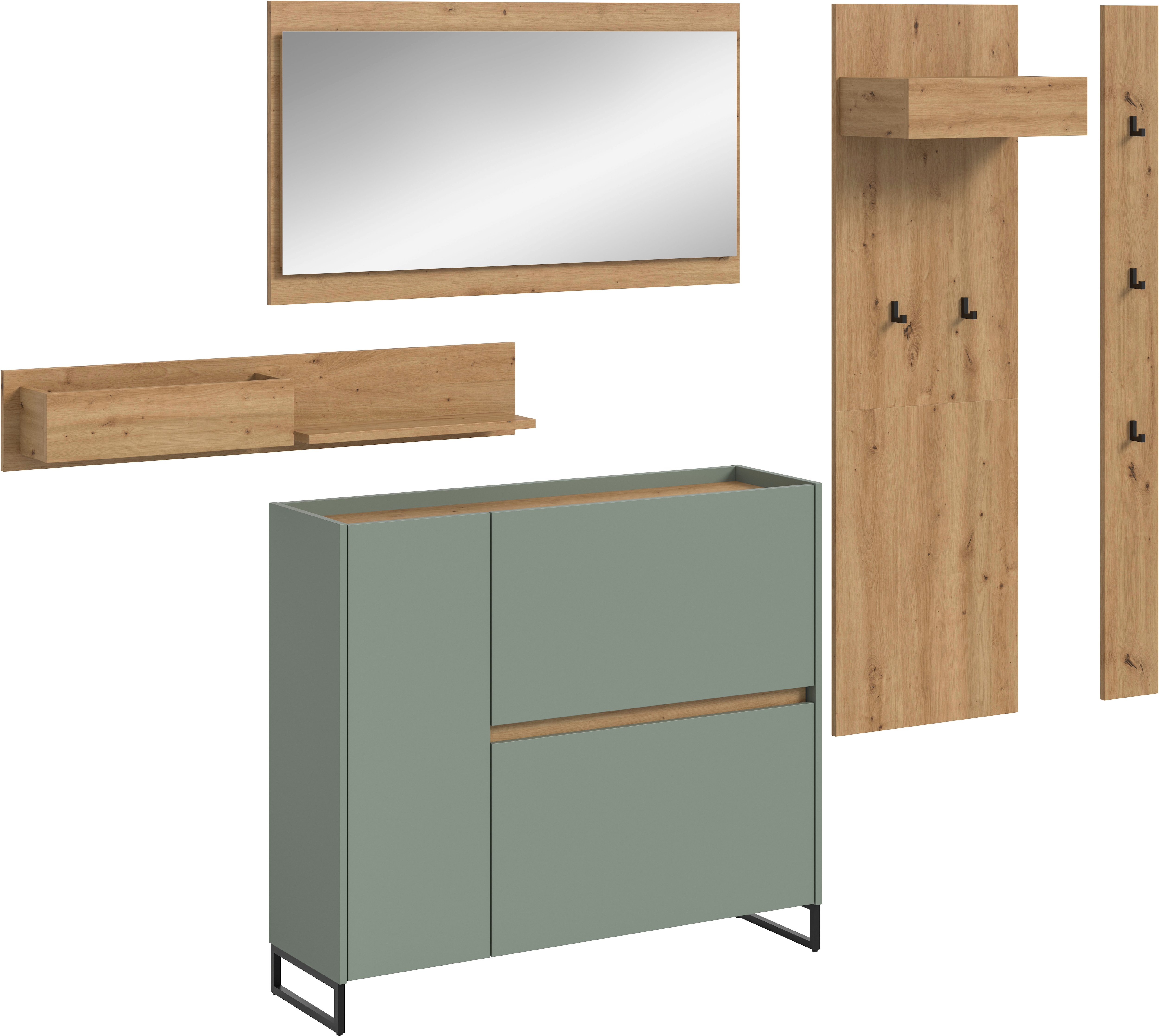 Garderoben-Set HOME AFFAIRE "EVRID, 5-teilig, Breite 236 cm, individuell stellbar & erweiterbar", salbei nb, artisan oak nb, B:236cm H:197cm T:32cm, Spanplatte, Kastenmöbel-Sets, Garderobenkombination, Garderobe, Wandgarderobe, Flur, Diele