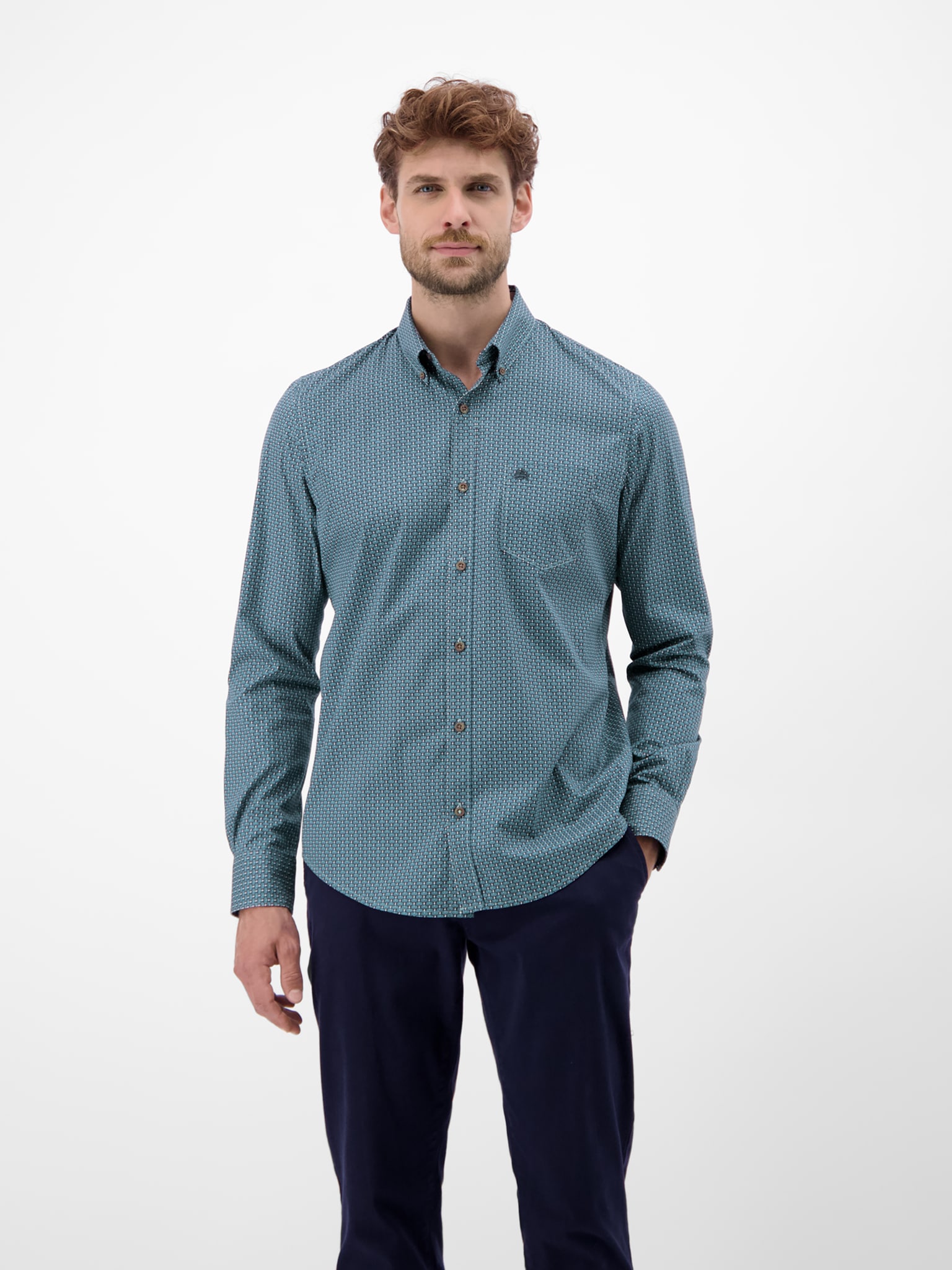 Langarmhemd LERROS, Herren, Gr. 3XL, N-Gr, fjord blau, Web, Obermaterial: 97% Baumwolle, 3% Elasthan, gepunktet, regular fit normal, Manschette, Hemden, mit Logo Stickerei Image