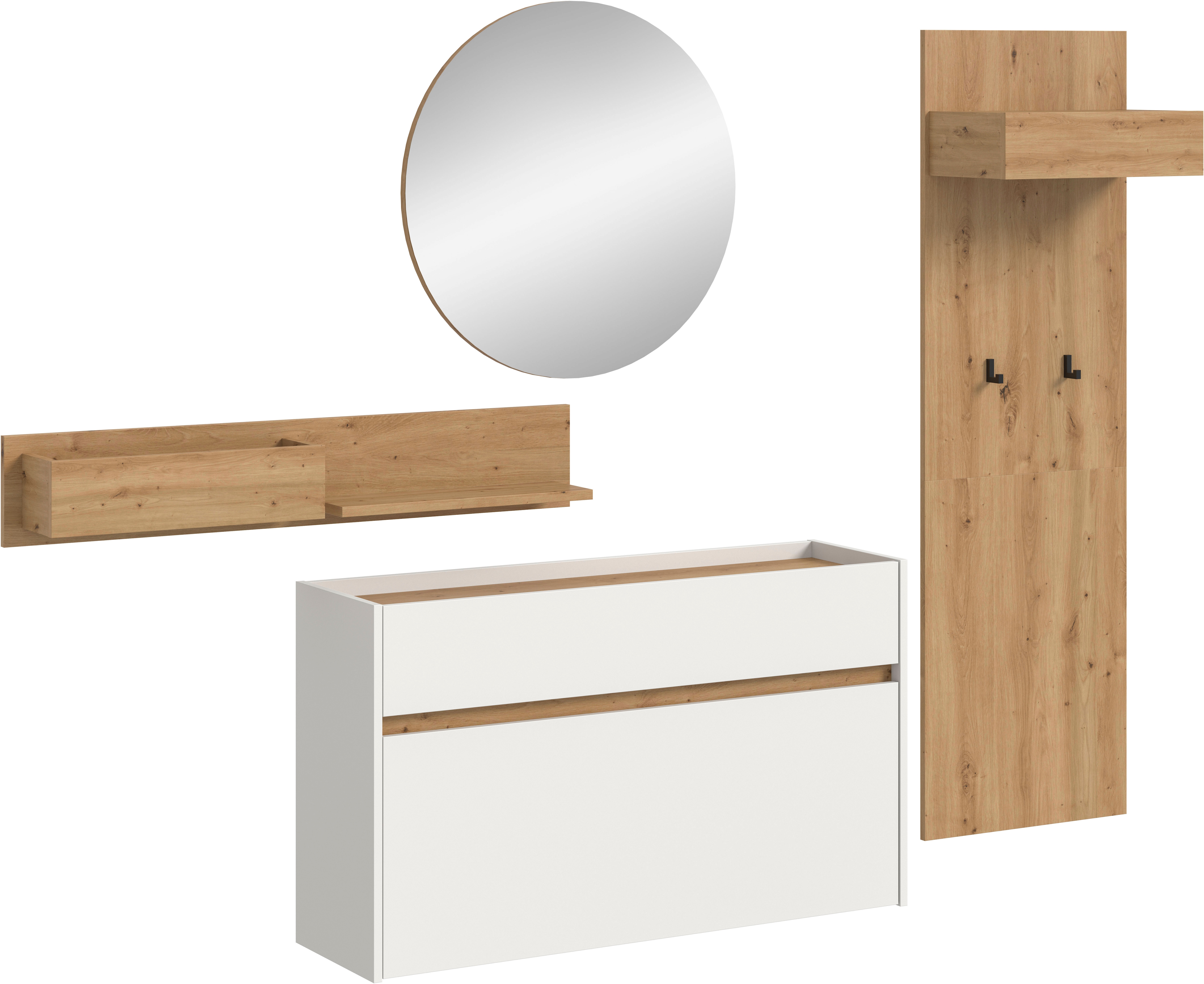 Garderoben-Set INOSIGN "EVRID, 4-teilig, Breite 205 cm, individuell hängbar & erweiterbar", weiß nb, artisan oak nb, B:205cm H:197cm T:32cm, Spanplatte, Kastenmöbel-Sets, Garderobenkombination, Garderobe, Wandgarderobe, Flur, Diele Image