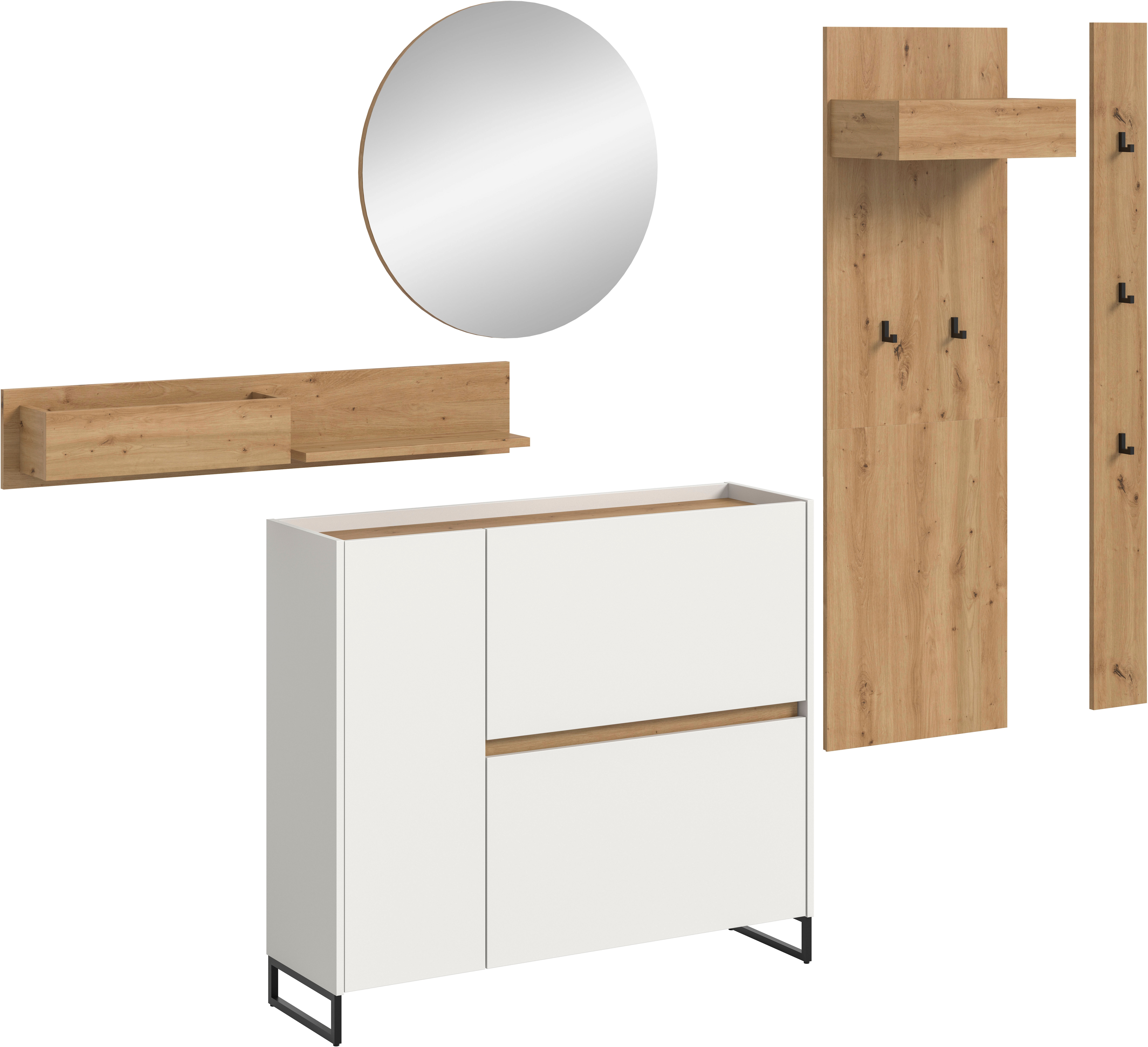 Garderoben-Set INOSIGN "EVRID, 5-teilig, Breite 236 cm, individuell stellbar & erweiterbar", weiß nb, artisan oak nb, B:236cm H:197cm T:32cm, Spanplatte, Kastenmöbel-Sets, Garderobenkombination, Garderobe, Wandgarderobe, Flur, Diele Image