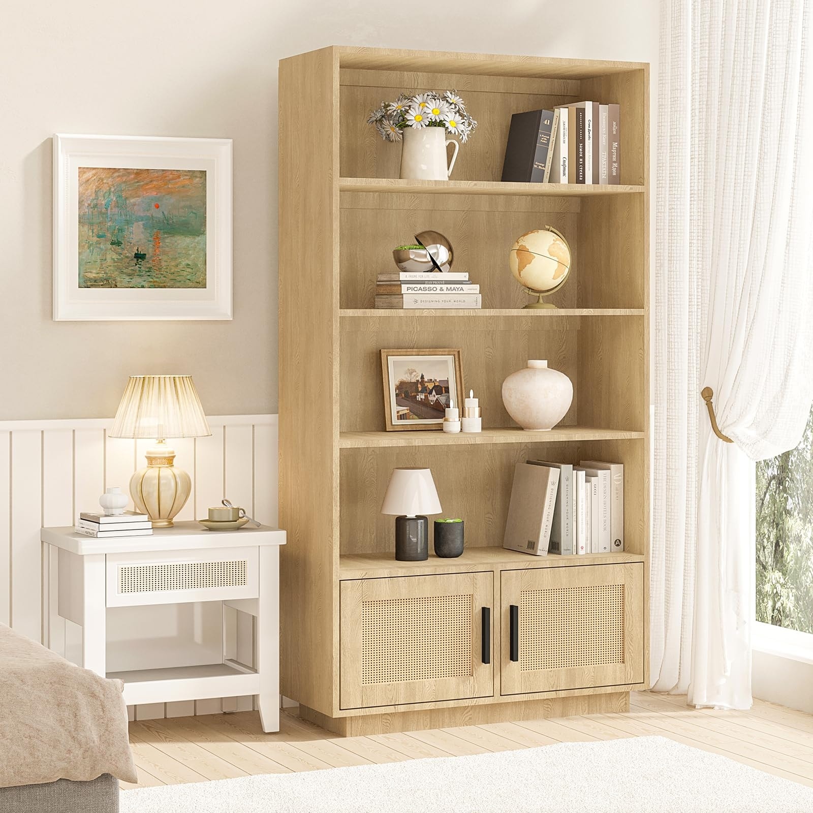 5 Tier Wooden Bookshelf with Storage, Boho Bookcase with Rattan Doors, Tall Book Stand for Living Room, Bedroom,Home