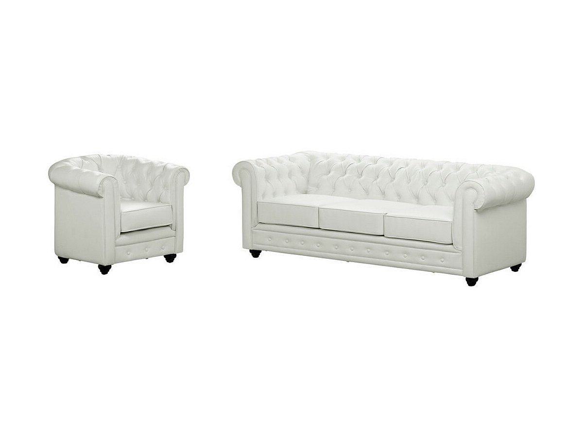 Divano CHESTERFIELD 3 posti e poltrona in similpelle Bianco