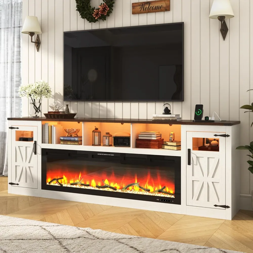 Fireplace TV Stand for 100 Inch TV, 95" Farmhouse Entertainment Center with 60" Electric Fireplace & LED Lights, Large Media
