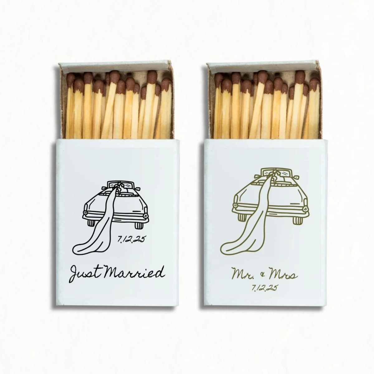 Getaway Car Doodle Boîte d'allumettes Modèle Design Mariés Boîte d'allumettes Faveur Boîte d'allumettes personnalisée Coffret d'allumettes personnalisés
