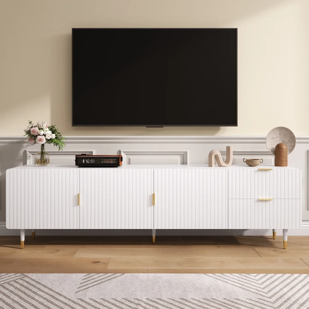 Meuble TV avec tiroirs et portes – Poignées et pieds dorés, pieds réglables | Portes avec étagères, meubles TV de salon