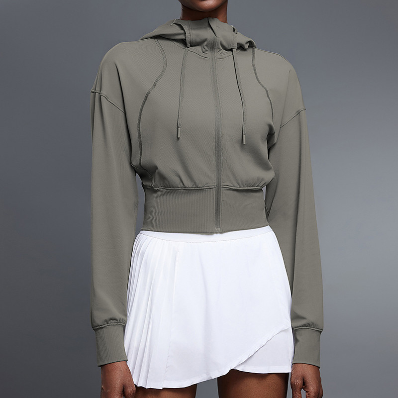 Women's Sports Crop Coat Hooded Jacket Full Zip Jacket Breathable Drawstring Long Sleeve Sports Solid Color Top For Gym Running Fitness Activewear