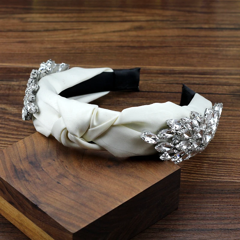 Handgefertigtes Luxus-Haarband mit klarem Kristall und Diamanten, beige Schleife, Haarband für Frauen, Hochzeit, Party, Haarschmuck Image