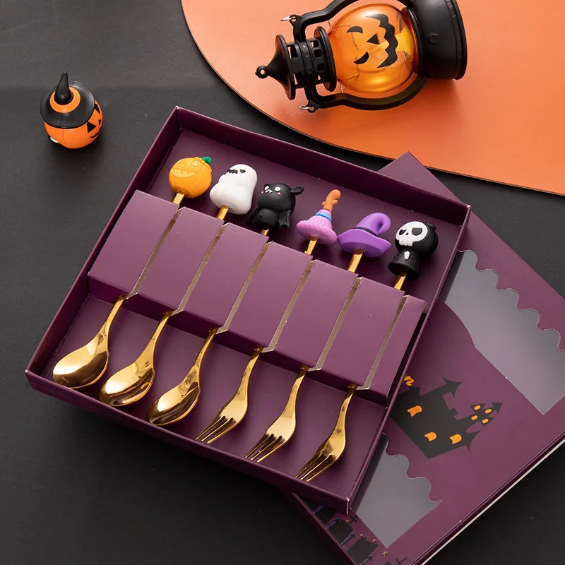 4/6pcs Halloween Fork And Spoon Set,Stainless Steel Creative Tableware,Coffee Tea Dessert Forks And Spoons Gift Set