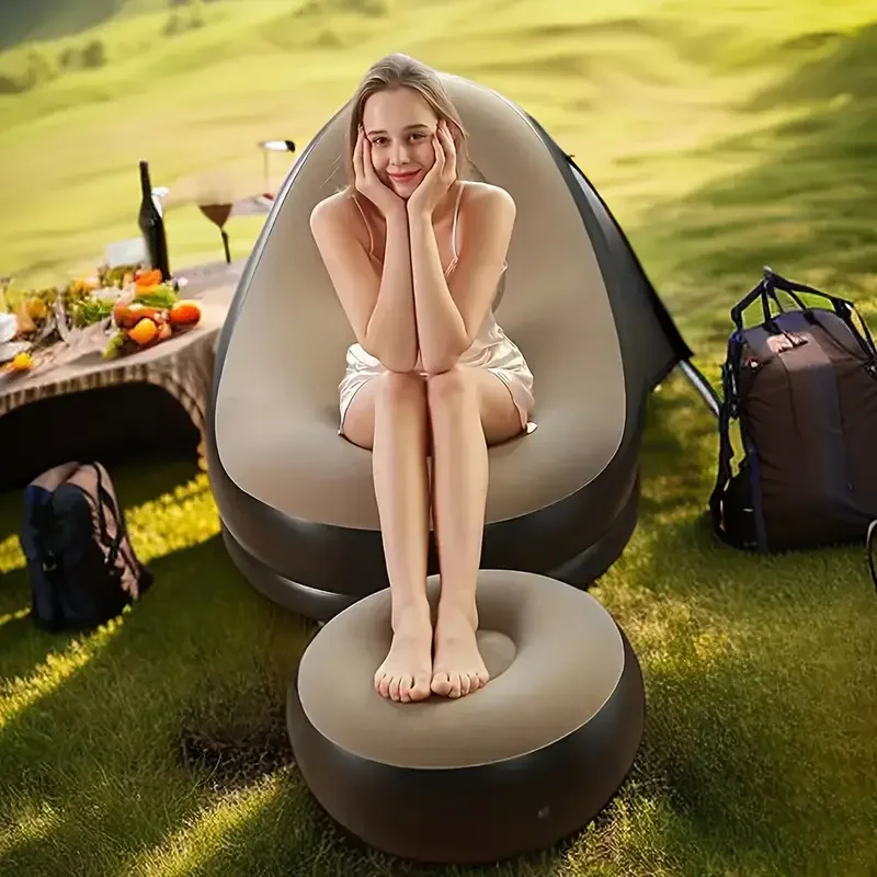 Lazy Sofa, aufblasbarer Stuhl, klappbarer Liegestuhl (Sofa + Fußstütze), Outdoor-Schlafsofa mit Fußstütze, für den Innen- und Außenbereich, tragbare klappbare Luftmatratze,
