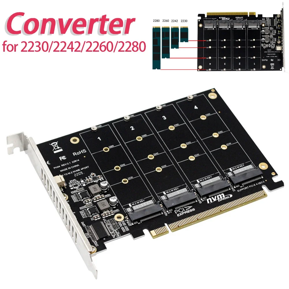 4-Port M.2 NVME SSD zu PCIE X16 Reader Erweiterungskarte Unterstützung 2230/2242/2260/2280 Host Controller Erweiterungskarte NVME Protokoll Image