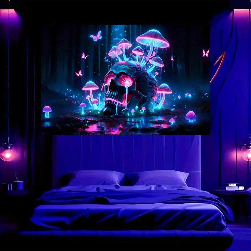 VIKAMA Cyberpunk-Totenkopf-Wandteppich, Pilz, dunkler Wald, Fantasie, psychedelischer Stil, Schlafzimmer, Wohnzimmer, Wanddekoration Image