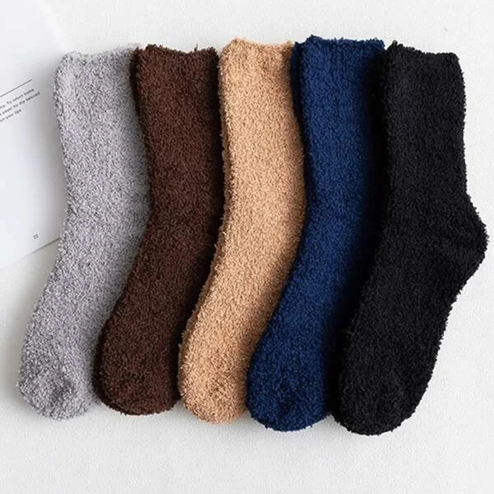 5 Paar verdickte Mid-Tube-Plüschsocken für Herren, Winterwärme, Koralle, flauschig, einfarbig, weich, bequem, Schlaf- und Bodensocken für Herren Image