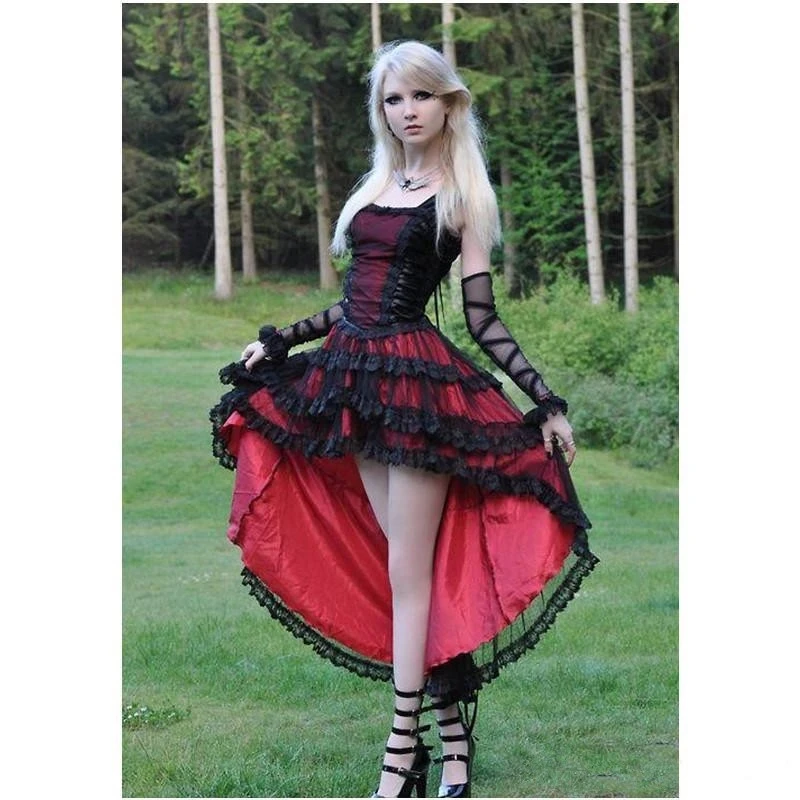Rote und schwarze High-Low-Abschlussball-formale Kleider im Vintage-Stil, Retro-Stil, Schnürkorsett-Rücken, Gothic-Spitze, Heimkehr-Abendkleid nach Maß