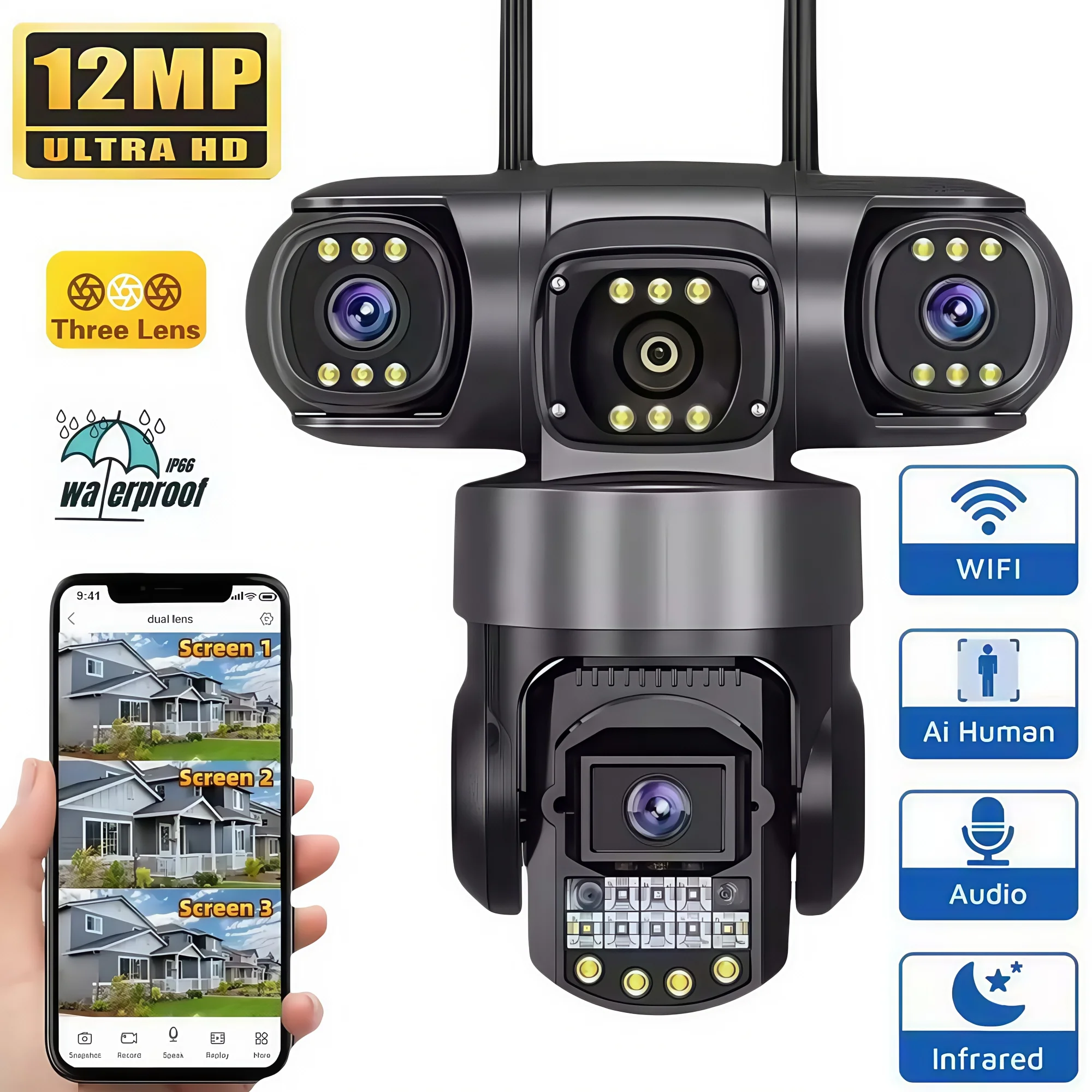 WIFI-Überwachungskamera für den Außenbereich, 3 Len, 3 Bildschirme, 12 MP, 6K HD, Nachtsicht, PTZ, Sicherheitsschutz, CCTV, Smart Home-Überwachungskamera