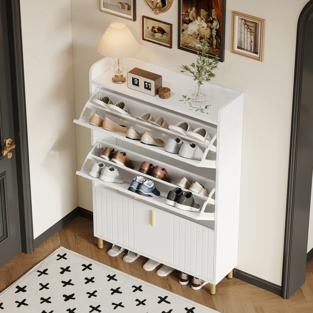 Schuhschrank mit 3 Klappen, Schuhregal, Schuhspitze, schmal mit 6 Fächern, Schuhschrank, weiß, verstellbares Anti-Kipp-Gerät