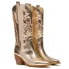 Luxus Damen Hohe Stiefel Winter Schuhe Punkt Western Cowboy Kniehohe Stiefel Gold Keil Heels Lange Schuhe Schuhe Dame Große Größe