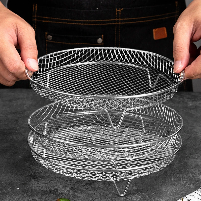 3-lagige Luftfritteusen-Racks aus Edelstahl, quadratisch, für Luftfritteusen, Korbtablett, stapelbare Dörrständer, Luftfritteuse, Dampfgarer Image