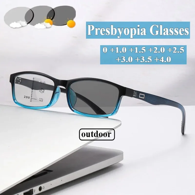 Herren-Presbyopie-Brille mit klassischem Farbverlauf und quadratischem Rahmen, multifokale Lesebrille mit photochrome Linse, 0 bis +4,0 Image