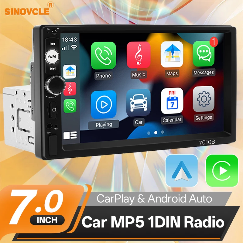 SINOVCLE 1din Autoradio HD 7" Touchscreen Stereo Bluetooth Wired Carplay Android Auto FM Aux Mirror Link Auto Multimedia Player Image