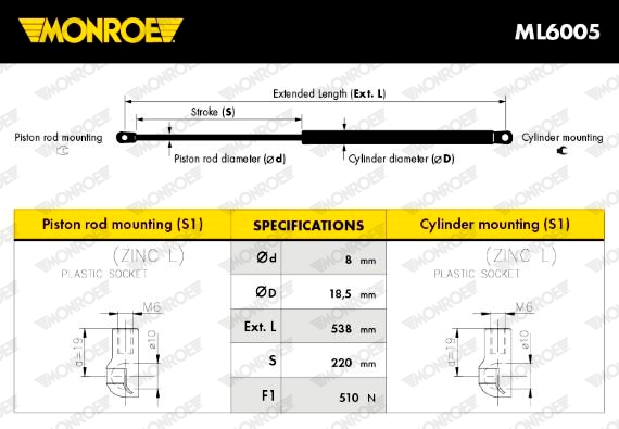 MONROE Gasfeder, Koffer-/Laderaum 510N für LAND ROVER LR002104 6H52406A10AF 1135-6720 Image